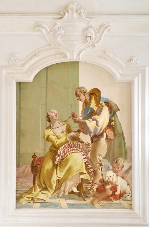 Un esempio della simbologia della catena nell’arte: l’affresco <em>La Concordia maritale</em> di Giambattista Tiepolo, datato 1734, Villa Loschi Zileri dal Verme Motterle (photo credit Nicola Zanettin). Gli sposi uniscono le mani e le rispettive catene che indossano a simboleggiare la loro unione e concordia.