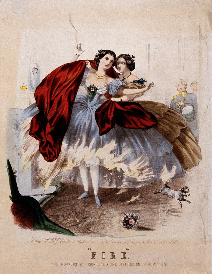 <em>Fuoco: gli orrori della crinolina e la distruzione della vita umana</em> (illustrazione, circa 1860, photo credit Wellcome Library, Londra)